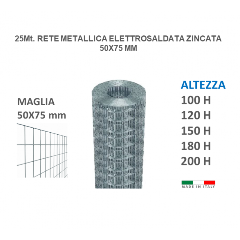 25mt RETE METALLICA ZINCATA ELETTROSALDATA-MAGLIA 5x7,5cm-PER RECINZIONE H175 